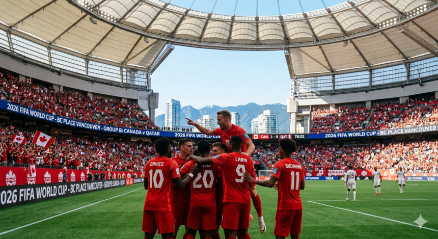 Canada players celebrate during their Group B match against Qatar at BC Place Stadium, Vancouver, in the 2026 FIFA World Cup