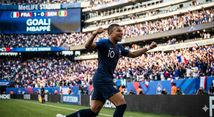 Alt Text Kylian Mbappe celebrates during France’s 3-1 World Cup win over Senegal at MetLife Stadium.