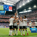 Germany celebrating a 7-1 World Cup win over Curaçao at NRG Stadium in Houston.