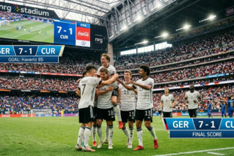 Germany celebrating a 7-1 World Cup win over Curaçao at NRG Stadium in Houston.