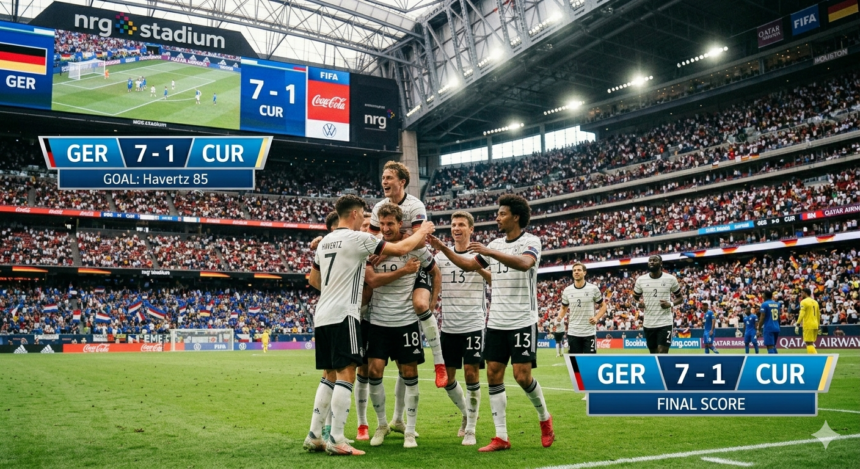 Germany celebrating a 7-1 World Cup win over Curaçao at NRG Stadium in Houston.