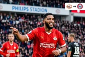 Ismael Saibari pictured during a PSV Eindhoven match with Bayern Munich transfer announcement styling.