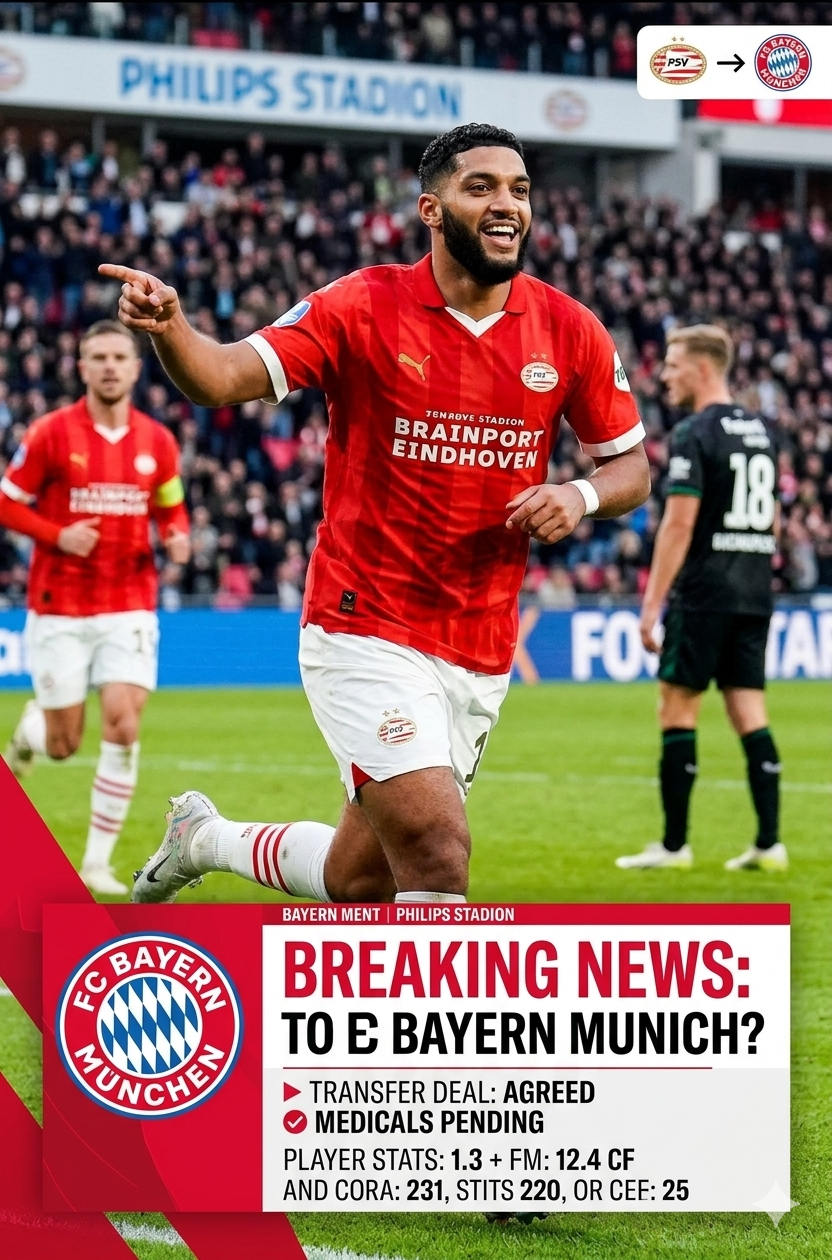 Ismael Saibari pictured during a PSV Eindhoven match with Bayern Munich transfer announcement styling.