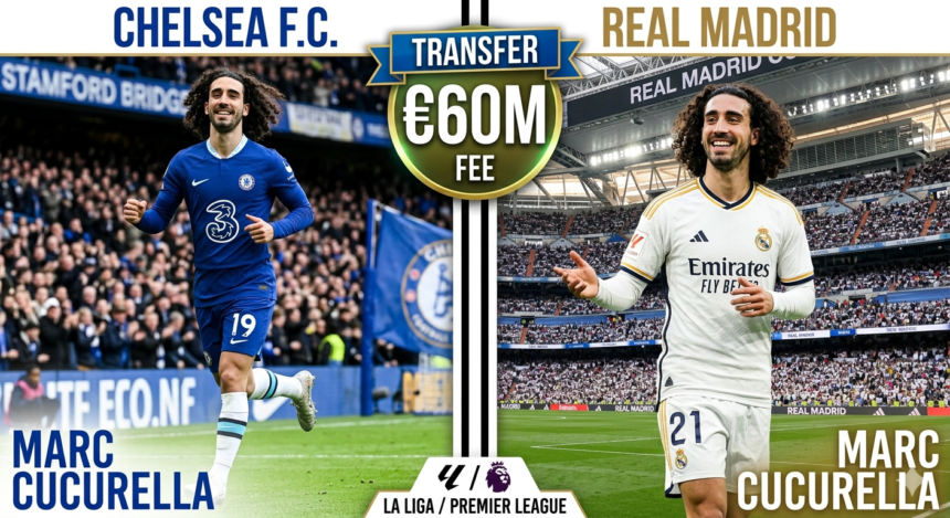 Marc Cucurella completing his transfer from Chelsea to Real Madrid for €60 million in June 2026