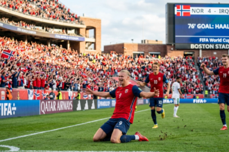 Erling Haaland celebrates after scoring twice in Norway’s 4-1 World Cup win over Iraq in Boston.