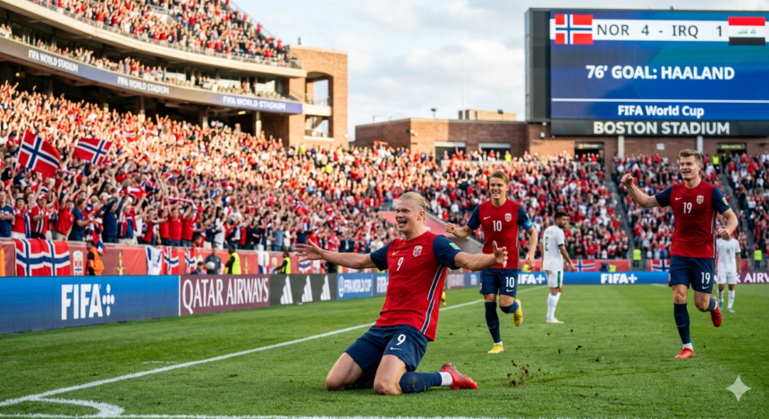 Erling Haaland celebrates after scoring twice in Norway’s 4-1 World Cup win over Iraq in Boston.