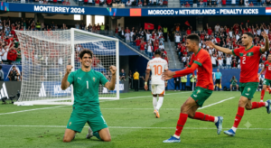 Morocco goalkeeper Yassine Bounou saves Crysencio Summerville's penalty to send Morocco to the 2026 FIFA World Cup Round of 16"