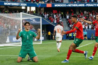 Morocco goalkeeper Yassine Bounou saves Crysencio Summerville's penalty to send Morocco to the 2026 FIFA World Cup Round of 16"