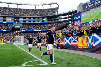 John McGinn celebrates Scotland's winning goal against Haiti at the 2026 FIFA World Cup in Gillette Stadium, Boston.
