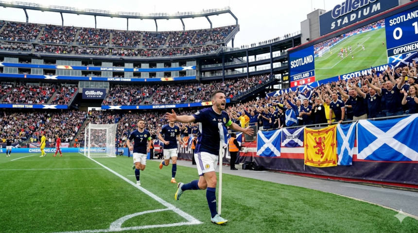 John McGinn celebrates Scotland's winning goal against Haiti at the 2026 FIFA World Cup in Gillette Stadium, Boston.