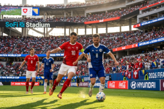 Switzerland and Bosnia-Herzegovina players in action during their Group B match at SoFi Stadium, Los Angeles, in the 2026 FIFA World Cup