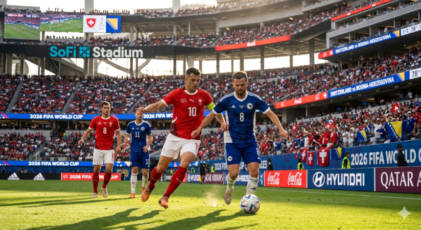 Switzerland and Bosnia-Herzegovina players in action during their Group B match at SoFi Stadium, Los Angeles, in the 2026 FIFA World Cup