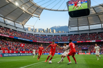 Switzerland and Canada players compete in their decisive Group B match at BC Place Stadium, Vancouver, during the 2026 FIFA World Cup