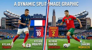 "France vs Morocco World Cup 2026 quarter-final preview graphic featuring Kylian Mbappe and Achraf Hakimi at Gillette Stadium Boston"