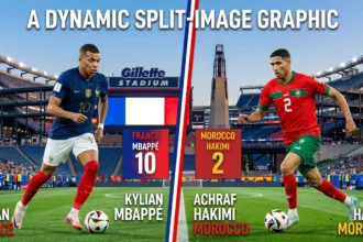 "France vs Morocco World Cup 2026 quarter-final preview graphic featuring Kylian Mbappe and Achraf Hakimi at Gillette Stadium Boston"