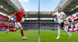 Norway vs England World Cup 2026 quarterfinal preview showing Haaland and Kane ahead of the Hard Rock Stadium match on July 11.