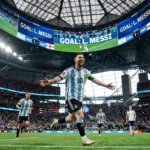 Lionel Messi celebrates scoring for Argentina in the 2-1 World Cup semifinal win over England at Mercedes-Benz Stadium.