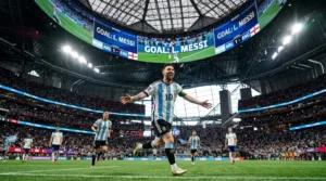 Lionel Messi celebrates scoring for Argentina in the 2-1 World Cup semifinal win over England at Mercedes-Benz Stadium.