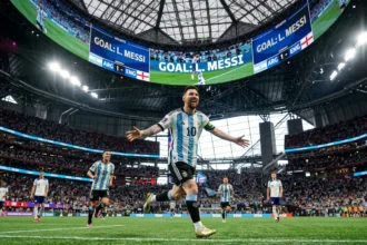 Lionel Messi celebrates scoring for Argentina in the 2-1 World Cup semifinal win over England at Mercedes-Benz Stadium.