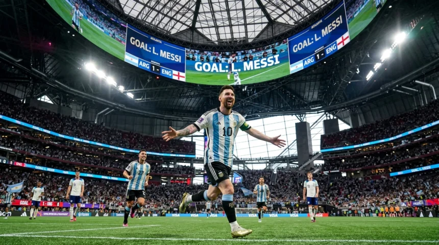 Lionel Messi celebrates scoring for Argentina in the 2-1 World Cup semifinal win over England at Mercedes-Benz Stadium.