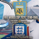 Argentina vs England World Cup 2026 semi-final graphic showing kickoff time and TV channels at Mercedes-Benz Stadium