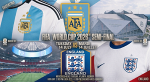 Argentina vs England World Cup 2026 semi-final graphic showing kickoff time and TV channels at Mercedes-Benz Stadium