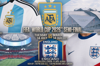 Argentina vs England World Cup 2026 semi-final graphic showing kickoff time and TV channels at Mercedes-Benz Stadium