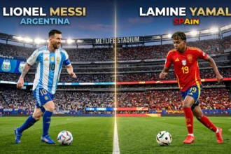 Lionel Messi of Argentina and Lamine Yamal of Spain ahead of the World Cup 2026 final at MetLife Stadium