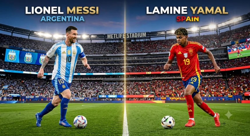 Lionel Messi of Argentina and Lamine Yamal of Spain ahead of the World Cup 2026 final at MetLife Stadium