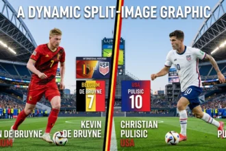 Belgium vs USA World Cup 2026 Round of 16 preview graphic featuring Kevin De Bruyne and Christian Pulisic at Lumen Field Seattle