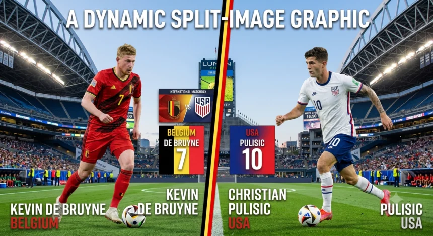 Belgium vs USA World Cup 2026 Round of 16 preview graphic featuring Kevin De Bruyne and Christian Pulisic at Lumen Field Seattle