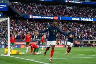 Ousmane Dembélé celebrates scoring for France in their 2-0 win over Morocco at the World Cup 2026 quarterfinal.