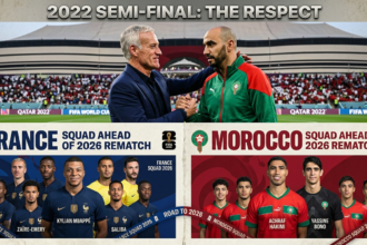 France vs Morocco World Cup history graphic comparing the 2022 semi-final result to the 2026 quarter-final rematch