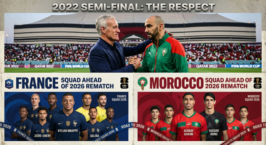 France vs Morocco World Cup history graphic comparing the 2022 semi-final result to the 2026 quarter-final rematch