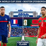 France vs Morocco 2026 World Cup quarterfinal match preview graphic showing both national team jerseys at Gillette Stadium.