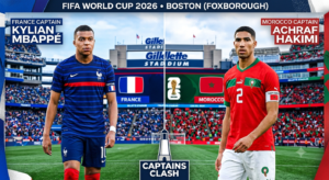 France vs Morocco 2026 World Cup quarterfinal match preview graphic showing both national team jerseys at Gillette Stadium.