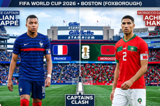 France vs Morocco 2026 World Cup quarterfinal match preview graphic showing both national team jerseys at Gillette Stadium.