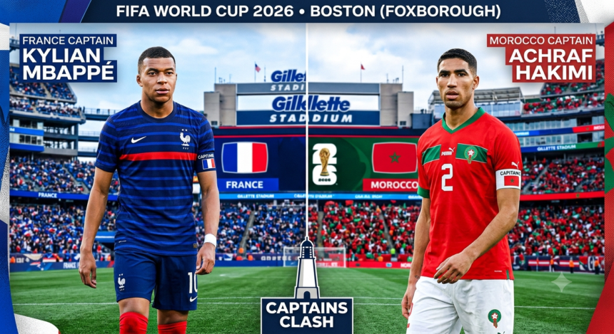 France vs Morocco 2026 World Cup quarterfinal match preview graphic showing both national team jerseys at Gillette Stadium.