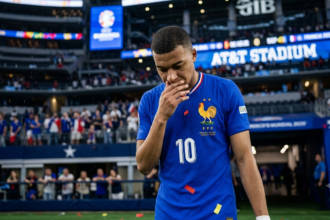 Kylian Mbappe looks dejected after France's 2-0 World Cup 2026 semifinal defeat to Spain in Arlington, Texas.