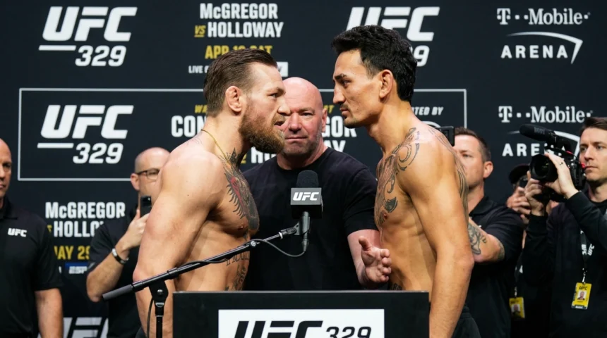 Conor McGregor vs Max Holloway UFC 329 fight poster with date and Las Vegas venue details.