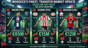 Moroccan football stars Ayoub Bouaddi, Achraf Hakimi, and Ismael Saibari featured in a graphic about Africa’s most valuable players.