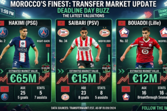 Moroccan football stars Ayoub Bouaddi, Achraf Hakimi, and Ismael Saibari featured in a graphic about Africa’s most valuable players.