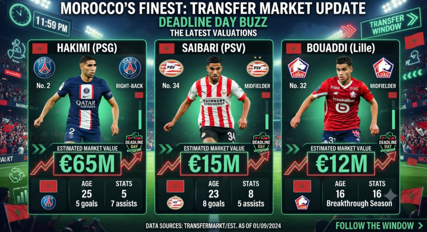 Moroccan football stars Ayoub Bouaddi, Achraf Hakimi, and Ismael Saibari featured in a graphic about Africa’s most valuable players.