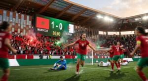Sanaa Mssoudy celebrates scoring the winning goal for Morocco against Algeria at WAFCON 2026 in Rabat