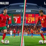 Portugal vs Spain World Cup 2026 Round of 16 match preview graphic featuring Cristiano Ronaldo and Lamine Yamal at AT&T Stadium Dallas
