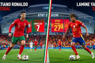 Portugal vs Spain World Cup 2026 Round of 16 match preview graphic featuring Cristiano Ronaldo and Lamine Yamal at AT&T Stadium Dallas
