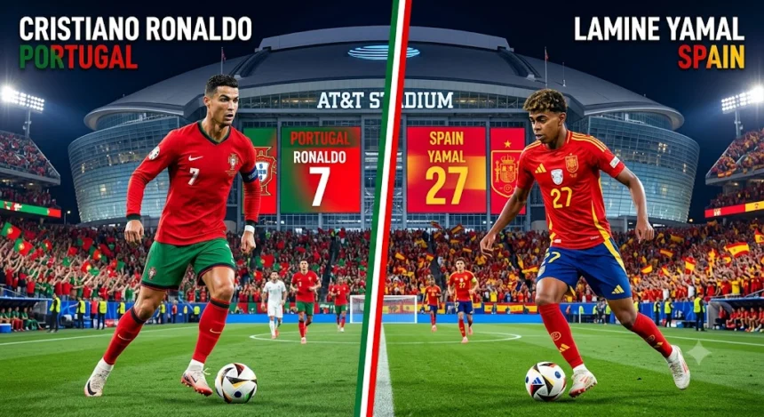 Portugal vs Spain World Cup 2026 Round of 16 match preview graphic featuring Cristiano Ronaldo and Lamine Yamal at AT&T Stadium Dallas