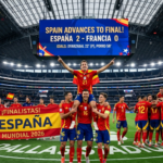 Spain players celebrate after beating France in the World Cup 2026 semifinal at AT&T Stadium in Arlington, Texas.