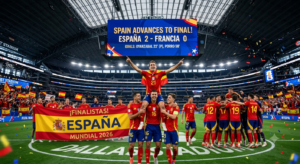 Spain players celebrate after beating France in the World Cup 2026 semifinal at AT&T Stadium in Arlington, Texas.