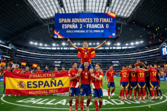 Spain players celebrate after beating France in the World Cup 2026 semifinal at AT&T Stadium in Arlington, Texas.